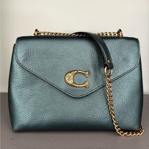 Emerald Metallic Leather Coach Handbag with Gold Chain Strap